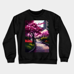 Sakura Serenade Tokyo Cherry Blossoms, Impressionist Landscape, Brick Path Park, Red Flowers, Oil Style Print Crewneck Sweatshirt